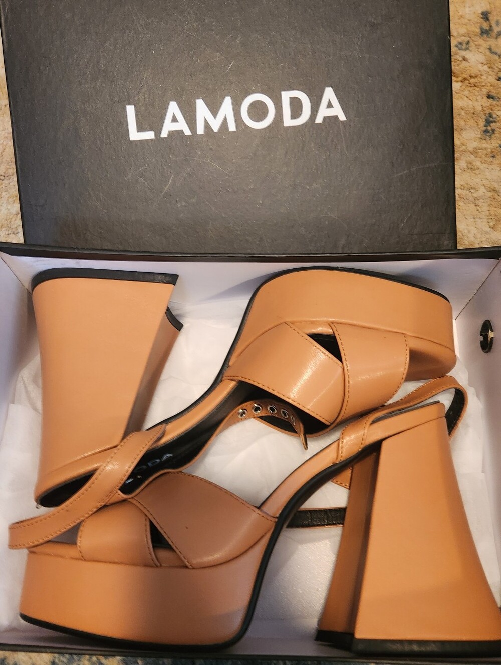 Lamoda Flared Heel Platform Sandal In Camel